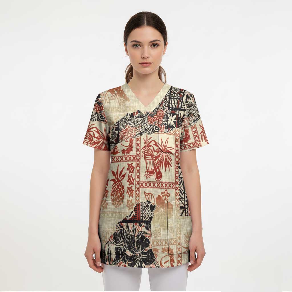 Hawaii Beige Version Scrub Top Aloha Tribal Pattern LT9 - Polynesian Pride