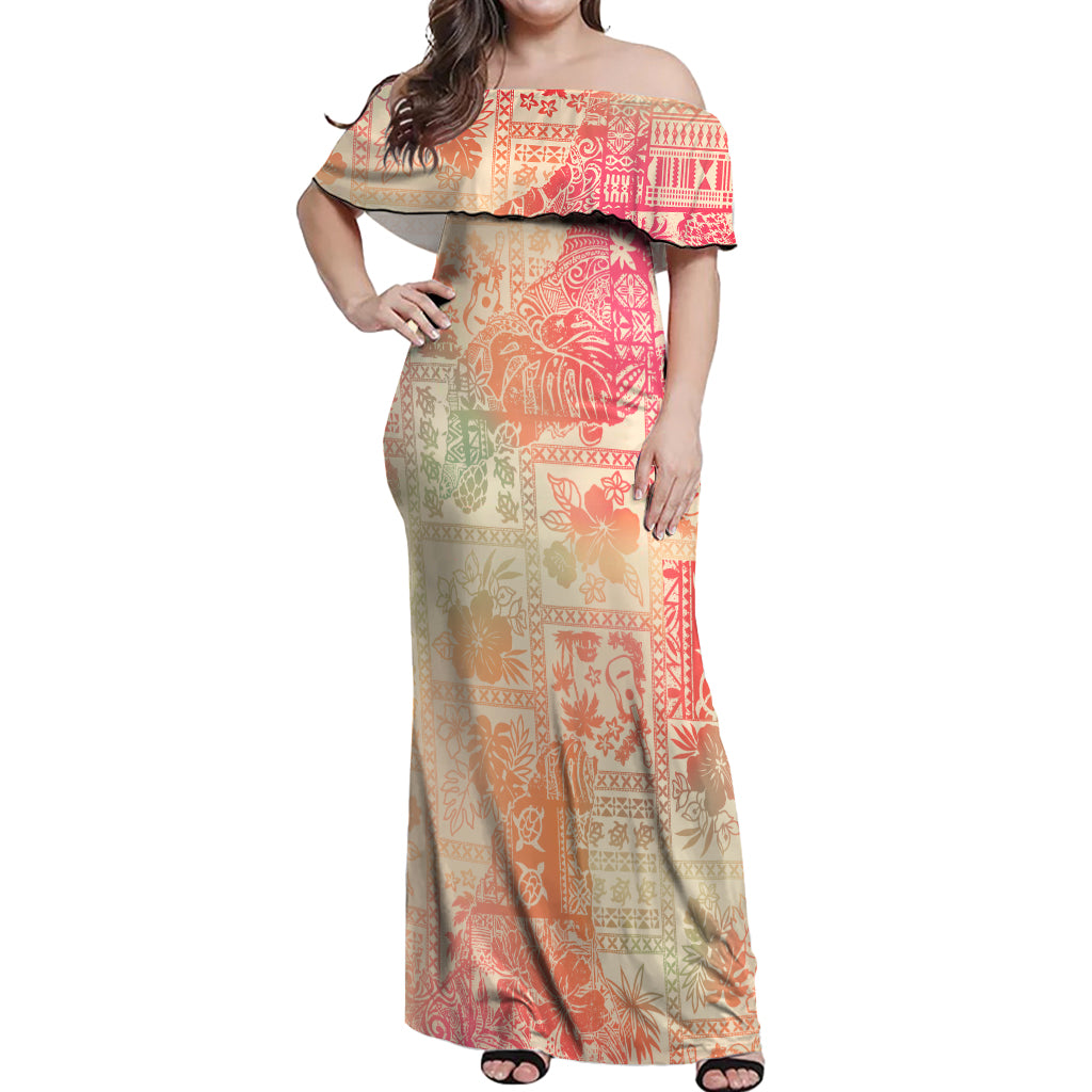 Hawaii Off Shoulder Maxi Dress Aloha Tribal Pattern Sweat Pink Ombre LT9 Women Pink - Polynesian Pride