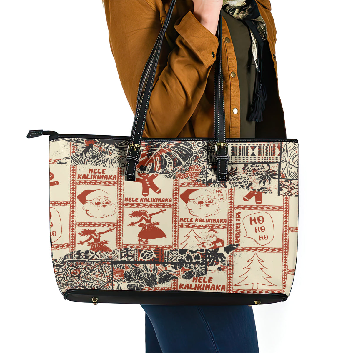 Aloha Hawaii Christmas Leather Tote Bag Mele Kalikimaka Tapa Tribal Retro Style LT9 - Polynesian Pride