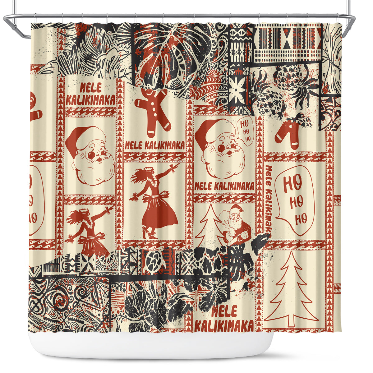 Aloha Hawaii Christmas Shower Curtain Mele Kalikimaka Tapa Tribal Retro Style LT9 Beige - Polynesian Pride