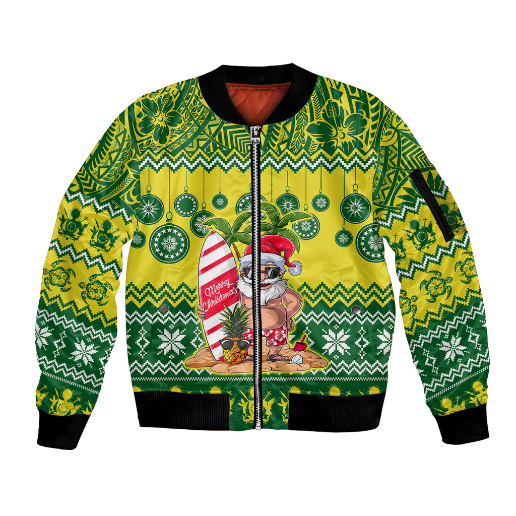 Cook Islands Christmas Sleeve Zip Bomber Jacket Santa Beach Meri Kiritimiti LT9 Unisex Green - Polynesian Pride