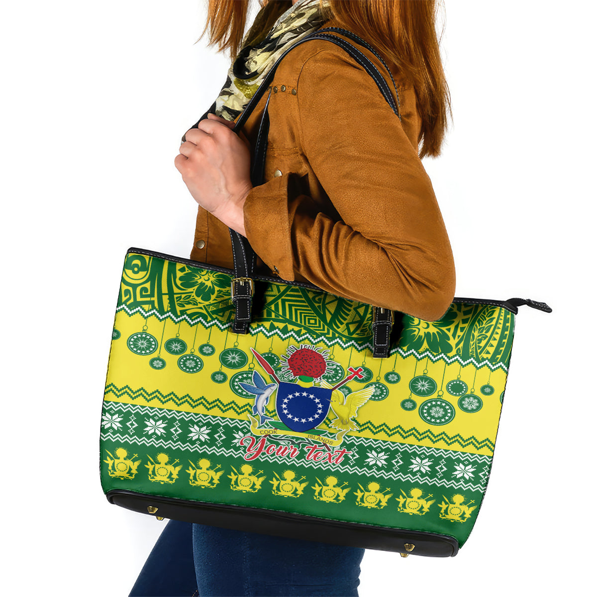 Personalised Cook Islands Christmas Leather Tote Bag Santa Beach Meri Kiritimiti LT9 Green - Polynesian Pride