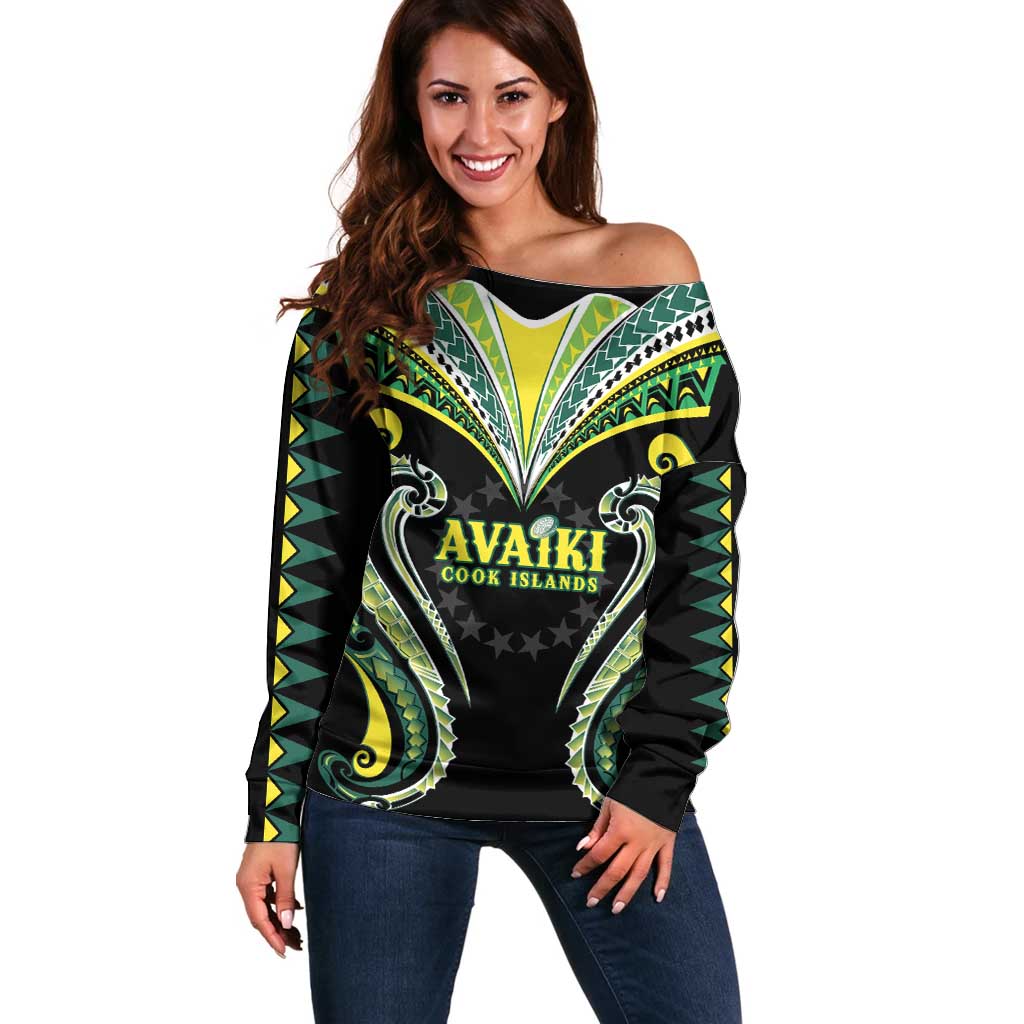 Custom Rugby Cook Islands Avaiki Off Shoulder Sweater Black Kuki Airani Tribal Maori Inspired LT9 Women Black - Polynesian Pride