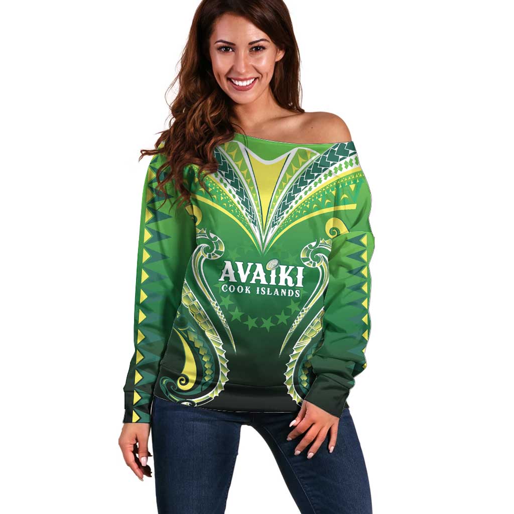 Custom Rugby Cook Islands Avaiki Off Shoulder Sweater Green Kuki Airani Tribal Maori Inspired LT9 Women Green - Polynesian Pride