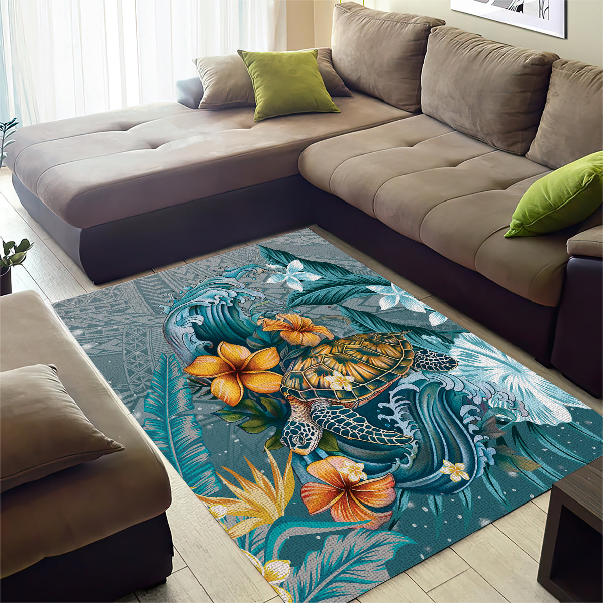 Sea Turtle In The Ocean Area Rug with Polynesian Pattern Arty Style LT9 - Polynesian Pride