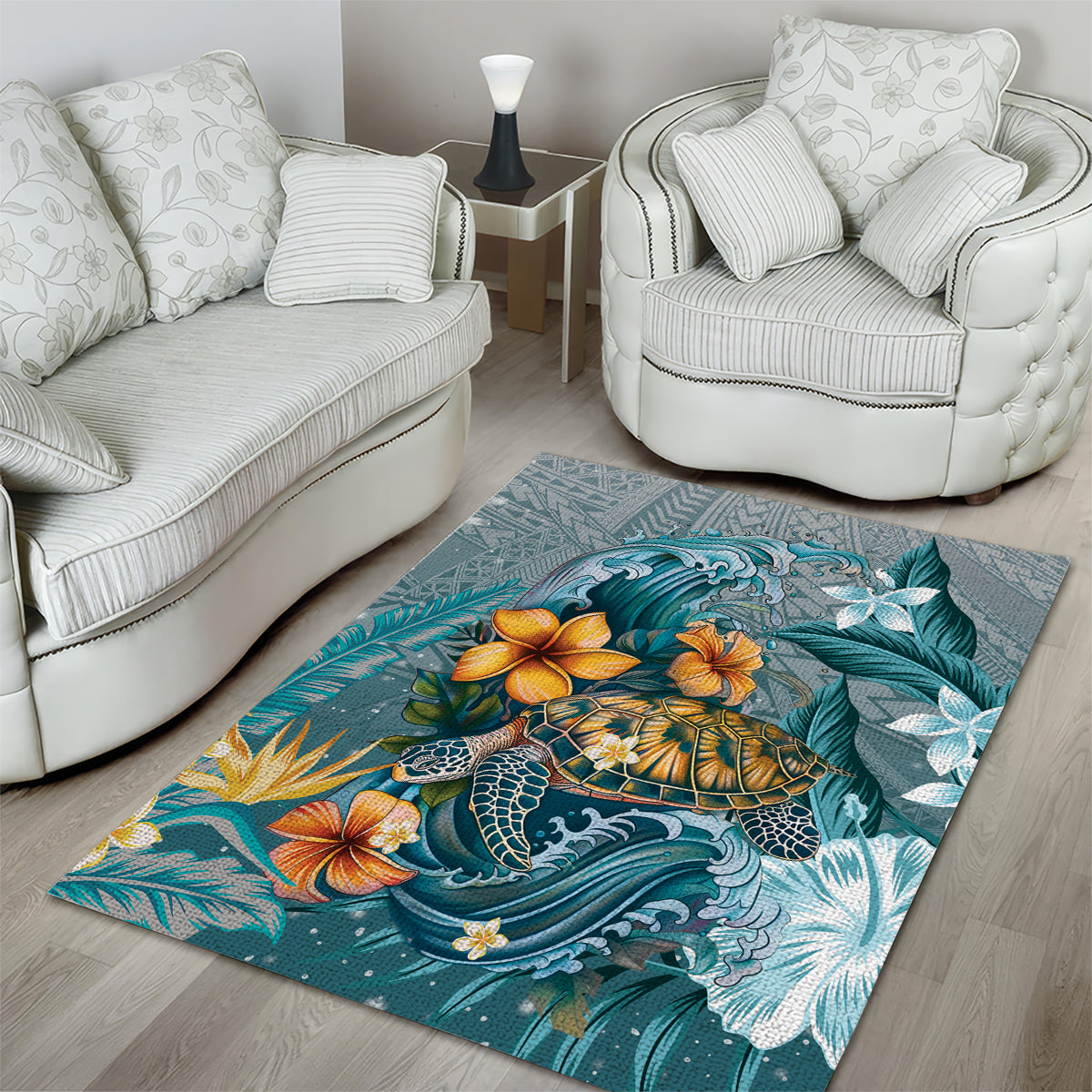 Sea Turtle In The Ocean Area Rug with Polynesian Pattern Arty Style LT9 - Polynesian Pride