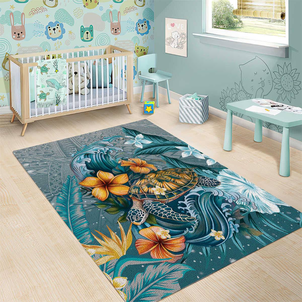 Sea Turtle In The Ocean Area Rug with Polynesian Pattern Arty Style LT9 - Polynesian Pride