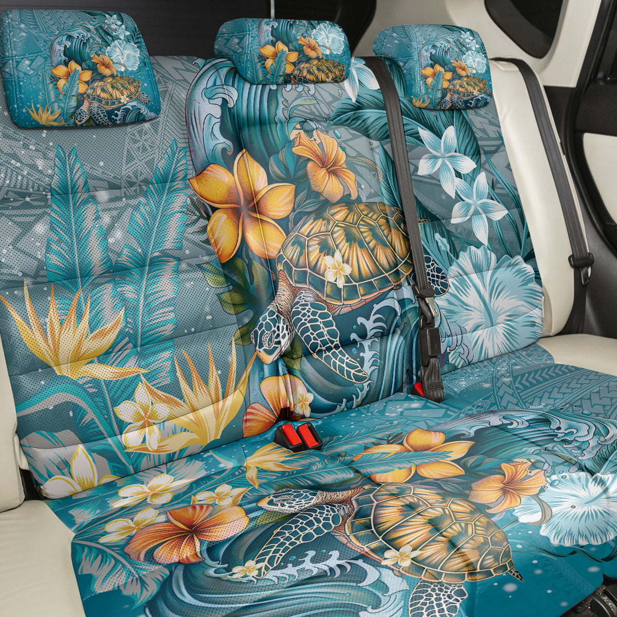Sea Turtle In The Ocean Back Car Seat Cover with Polynesian Pattern Arty Style LT9 - Polynesian Pride