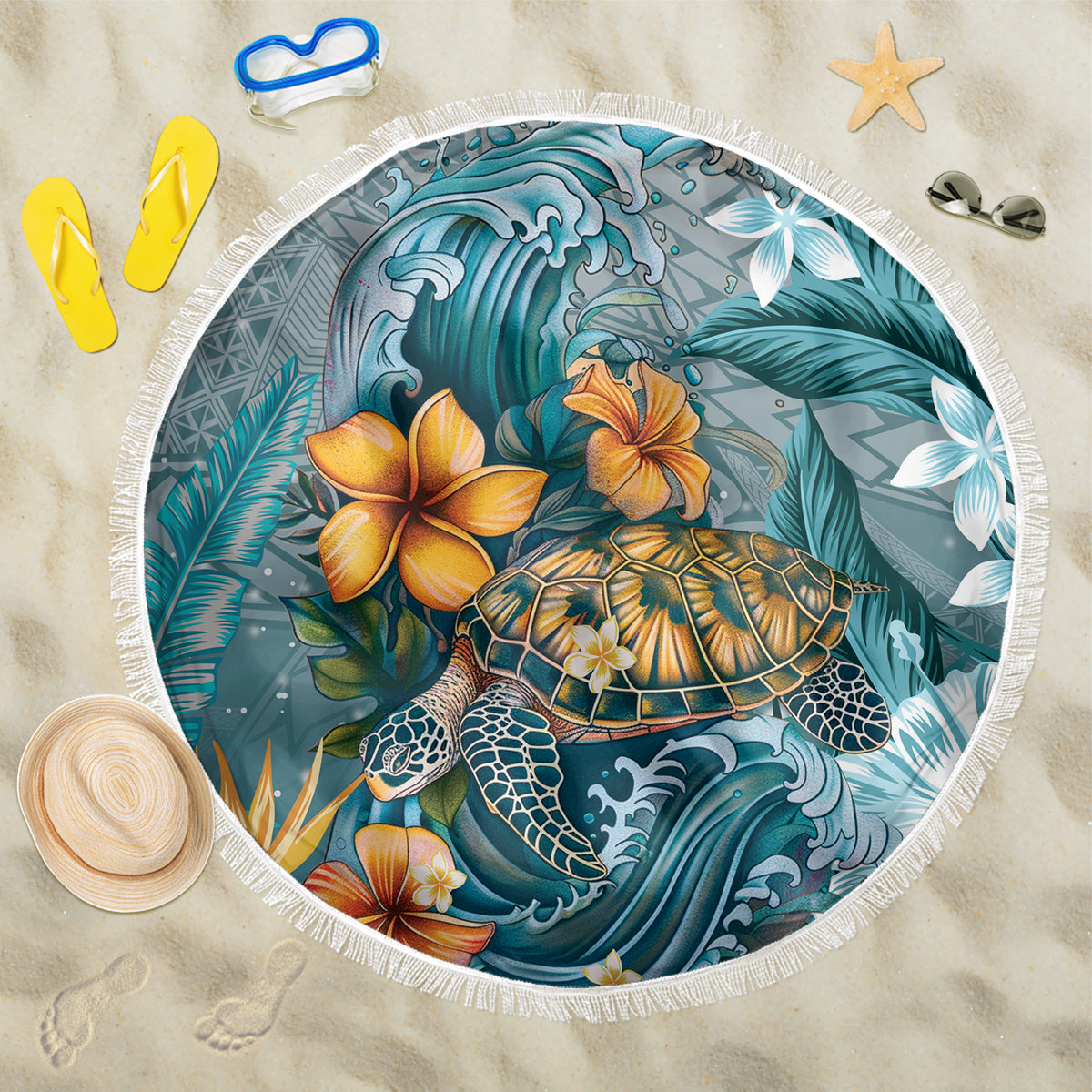 Sea Turtle In The Ocean Beach Blanket with Polynesian Pattern Arty Style LT9 One Size 150cm Blue - Polynesian Pride