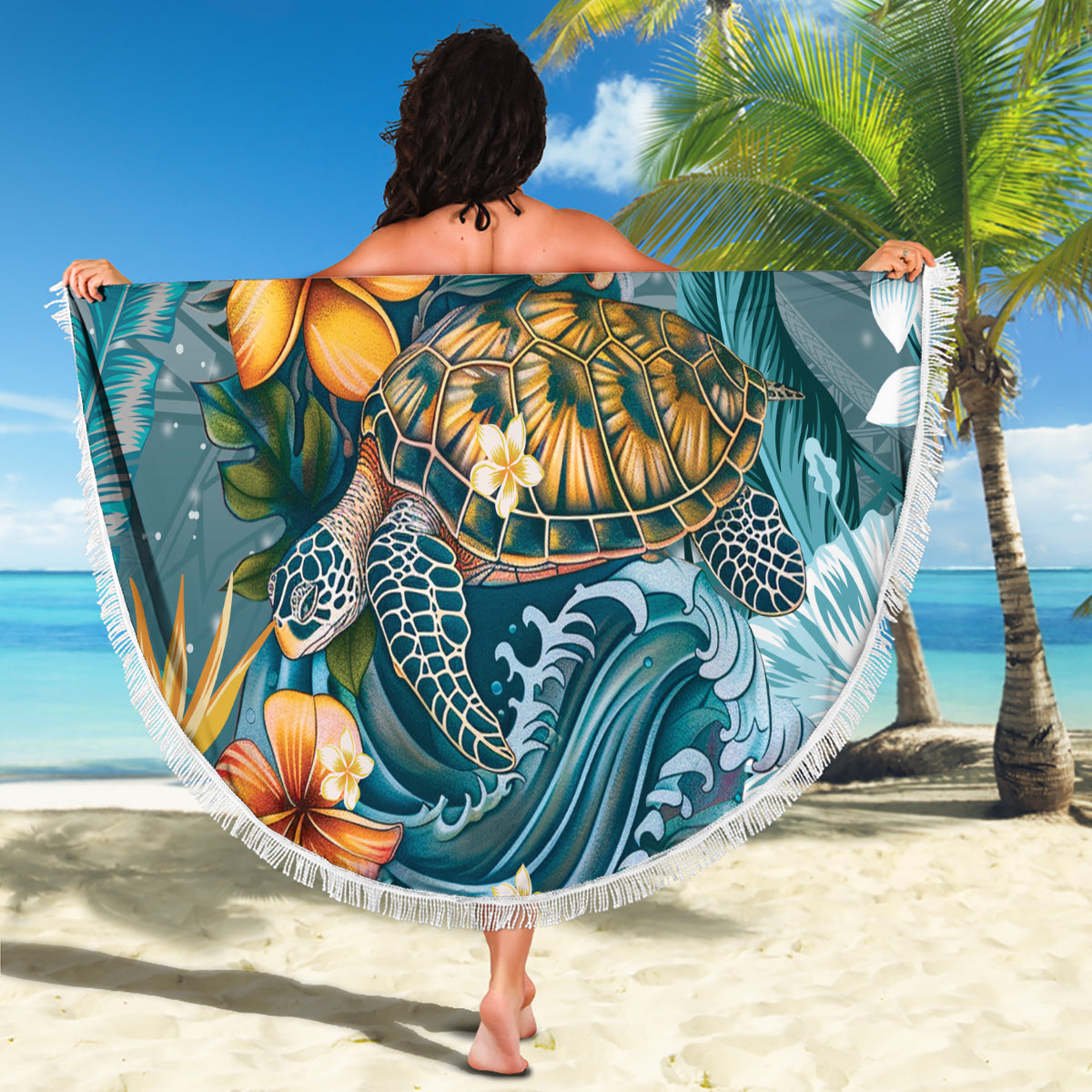 Sea Turtle In The Ocean Beach Blanket with Polynesian Pattern Arty Style LT9 - Polynesian Pride