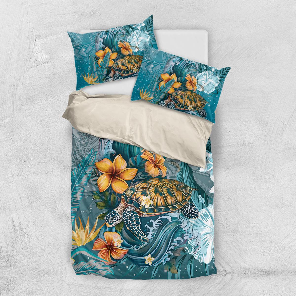 Sea Turtle In The Ocean Bedding Set with Polynesian Pattern Arty Style LT9 US Twin 172cm x 218cm Blue - Polynesian Pride