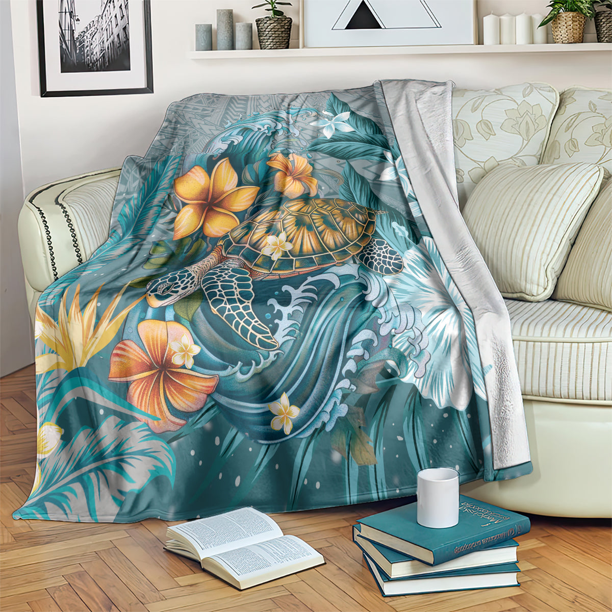 Sea Turtle In The Ocean Blanket with Polynesian Pattern Arty Style LT9 Blue - Polynesian Pride