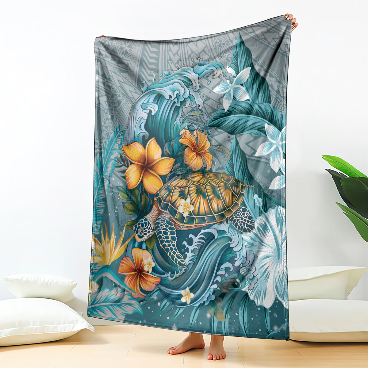 Sea Turtle In The Ocean Blanket with Polynesian Pattern Arty Style LT9 - Polynesian Pride