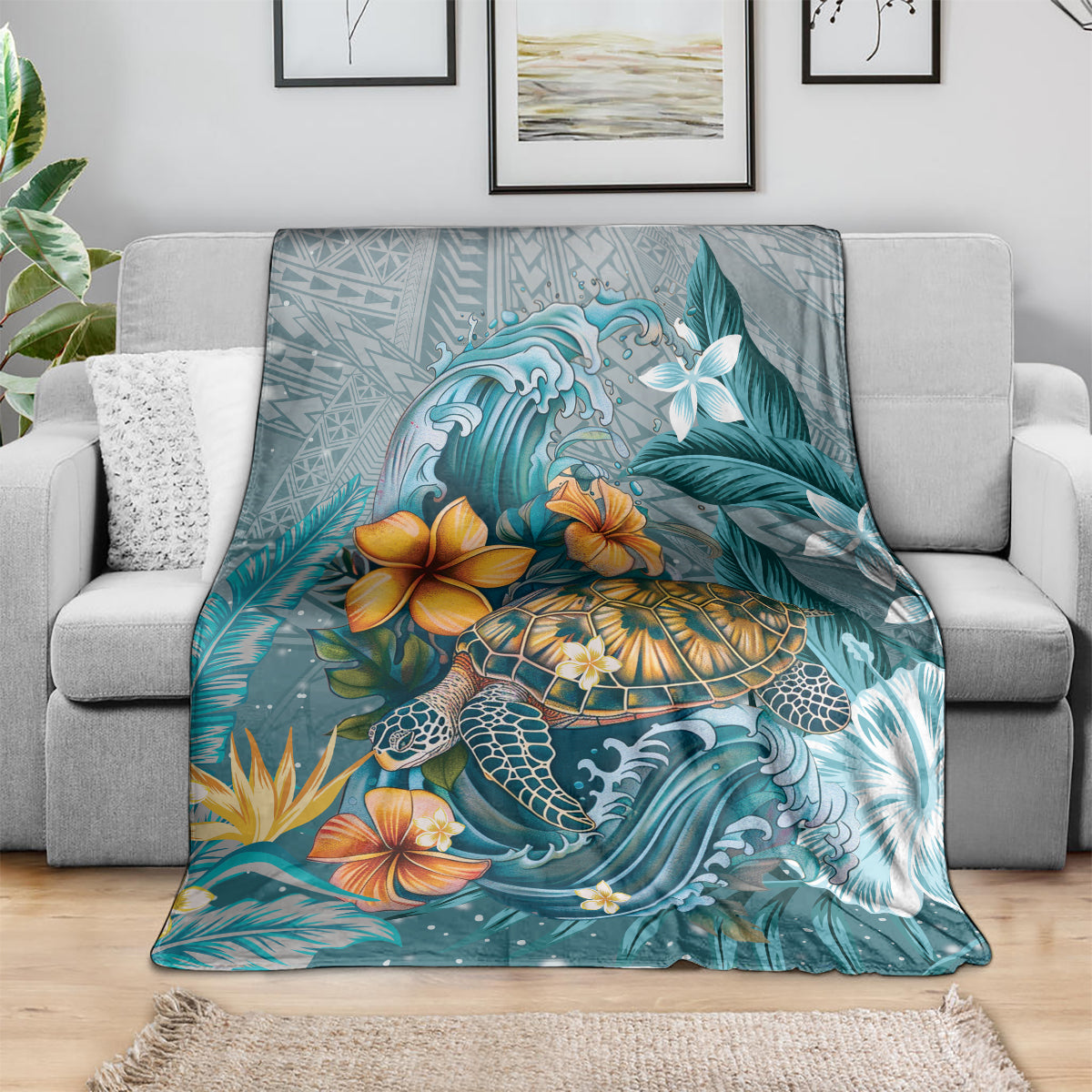 Sea Turtle In The Ocean Blanket with Polynesian Pattern Arty Style LT9 - Polynesian Pride