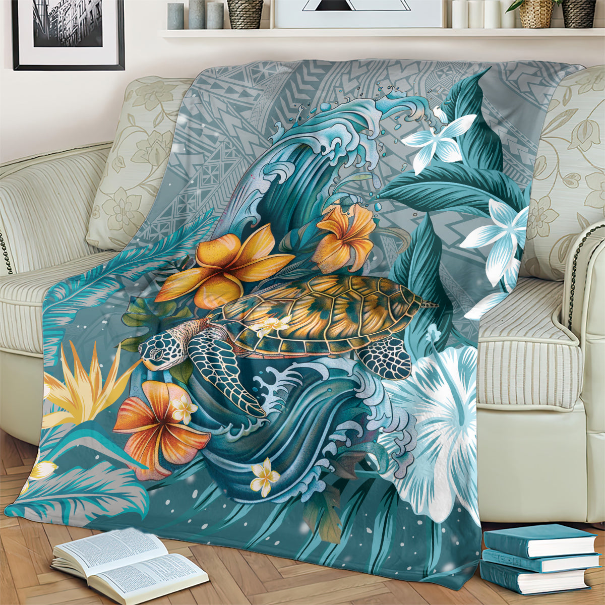 Sea Turtle In The Ocean Blanket with Polynesian Pattern Arty Style LT9 - Polynesian Pride