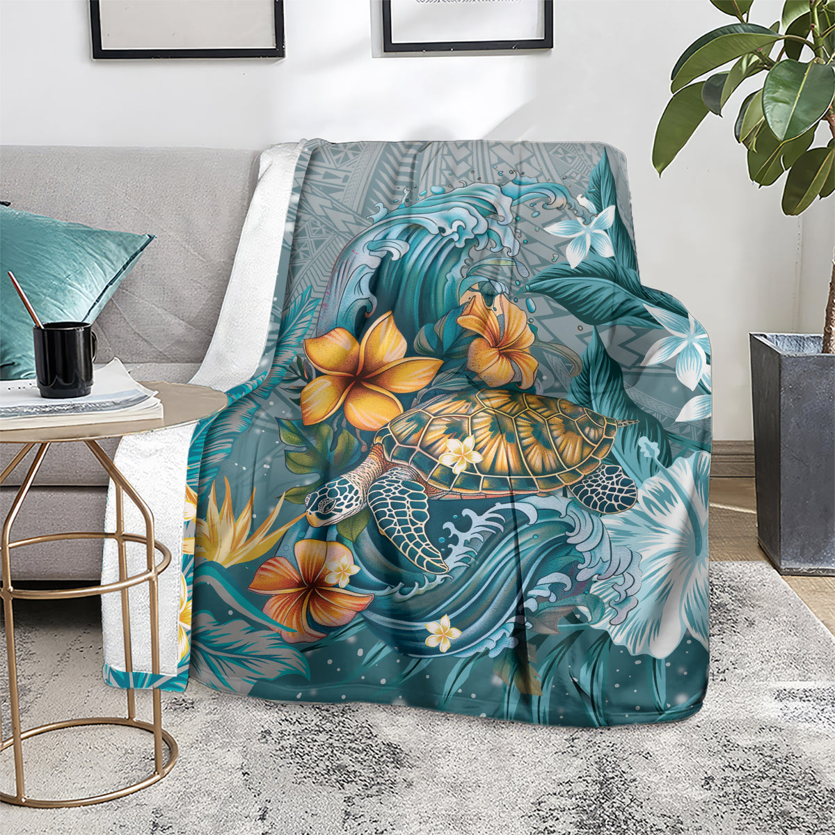 Sea Turtle In The Ocean Blanket with Polynesian Pattern Arty Style LT9 - Polynesian Pride