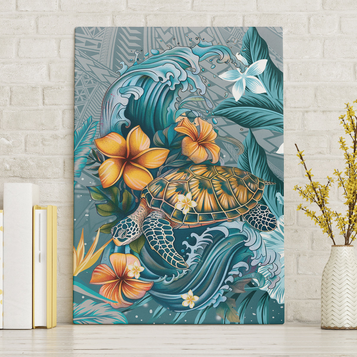 Sea Turtle In The Ocean Canvas Wall Art with Polynesian Pattern Arty Style LT9 Without Frame Blue - Polynesian Pride