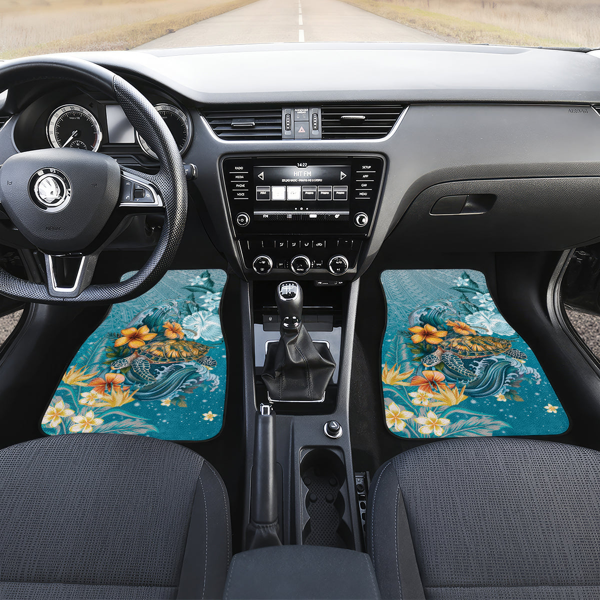 Sea Turtle In The Ocean Car Mats with Polynesian Pattern Arty Style LT9 Set 2pcs - Front Blue - Polynesian Pride