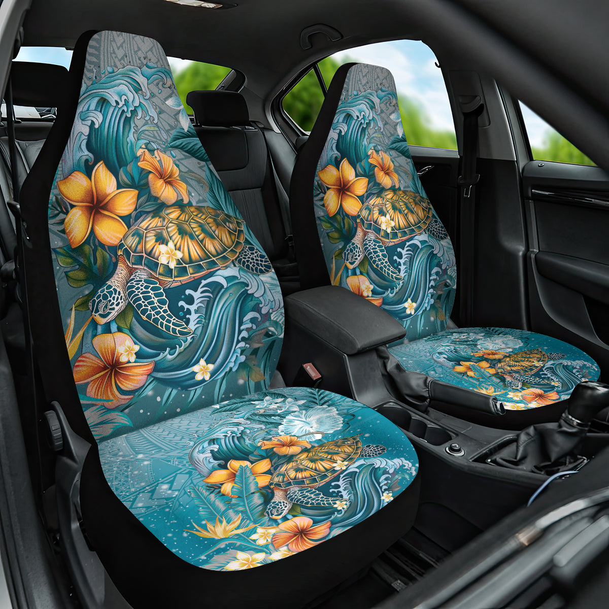 Sea Turtle In The Ocean Car Seat Cover with Polynesian Pattern Arty Style LT9 One Size Blue - Polynesian Pride