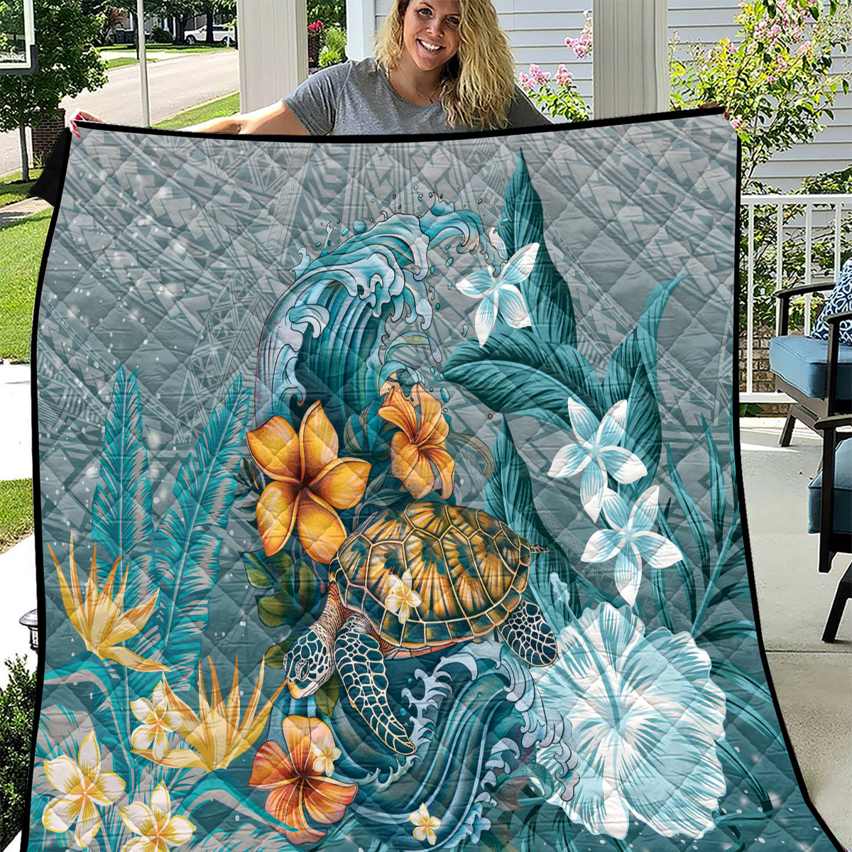 Sea Turtle In The Ocean Quilt with Polynesian Pattern Arty Style