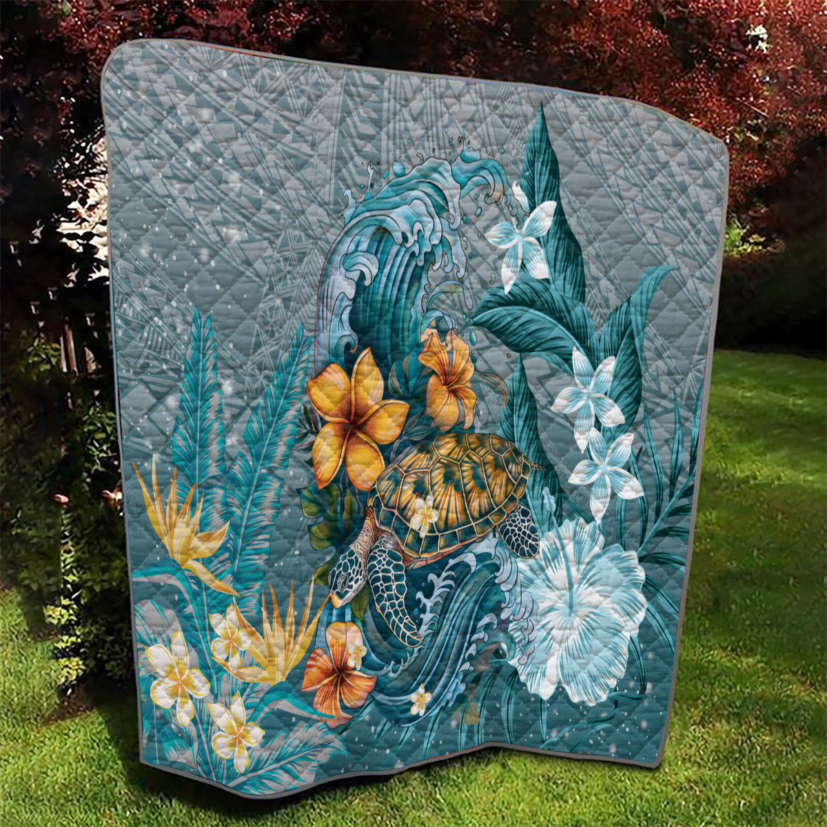 Sea Turtle In The Ocean Quilt with Polynesian Pattern Arty Style LT9 - Polynesian Pride
