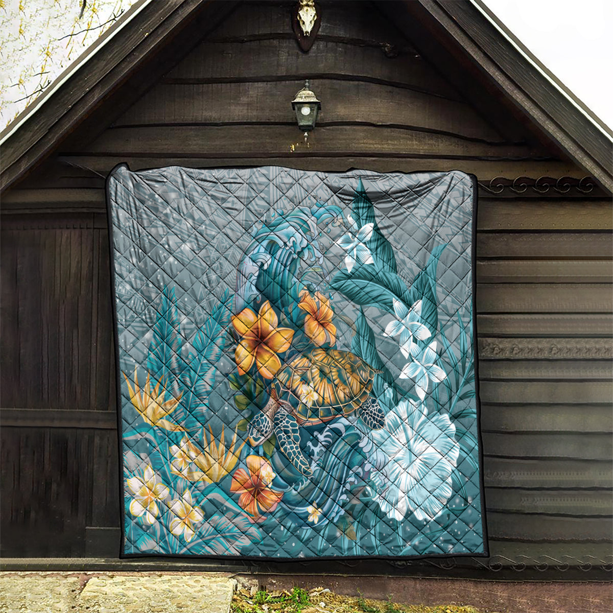 Sea Turtle In The Ocean Quilt with Polynesian Pattern Arty Style LT9 - Polynesian Pride