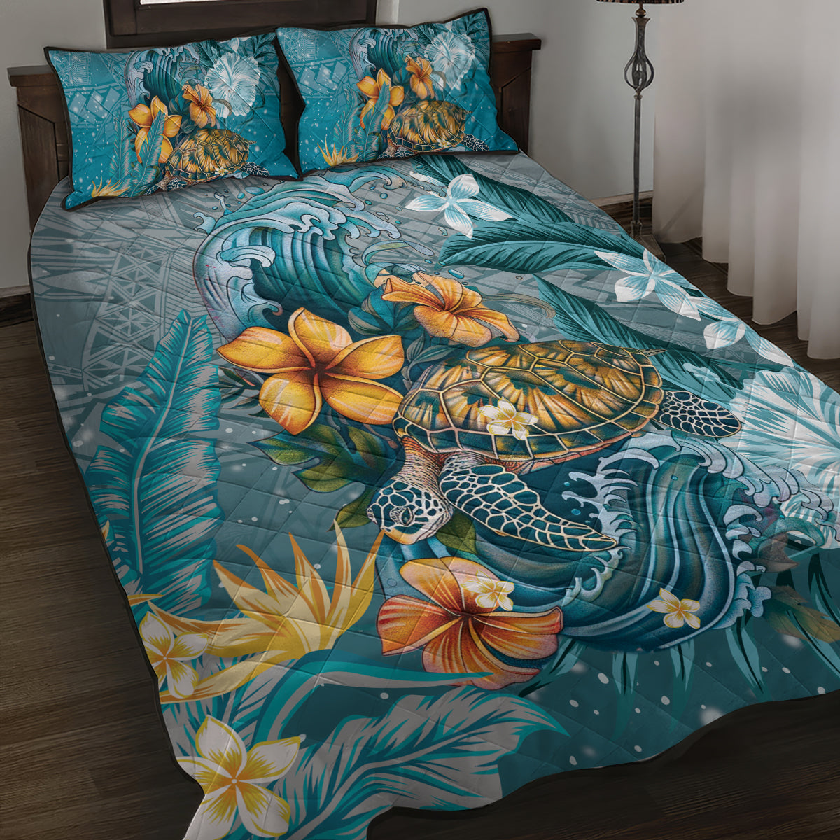 Sea Turtle In The Ocean Quilt Bed Set with Polynesian Pattern Arty Style LT9 Blue - Polynesian Pride
