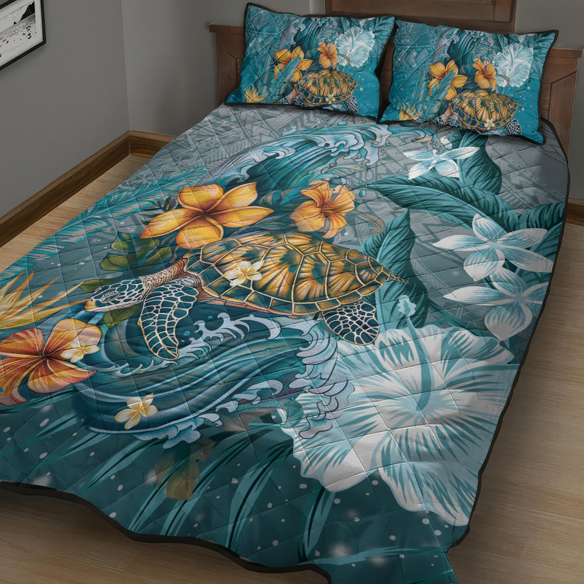 Sea Turtle In The Ocean Quilt Bed Set with Polynesian Pattern Arty Style LT9 - Polynesian Pride