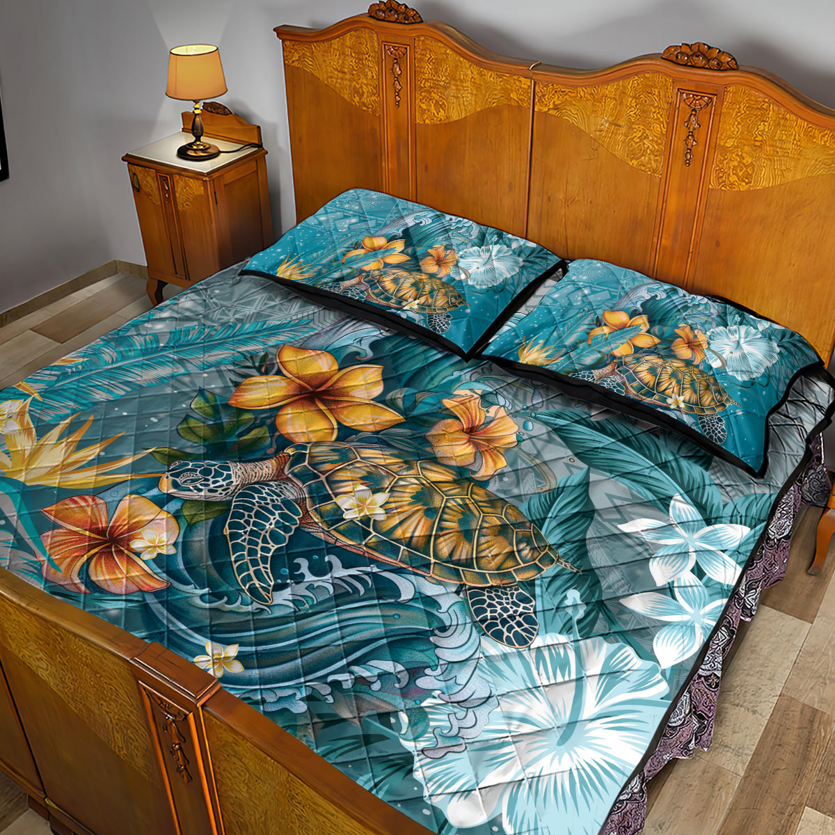 Sea Turtle In The Ocean Quilt Bed Set with Polynesian Pattern Arty Style LT9 - Polynesian Pride