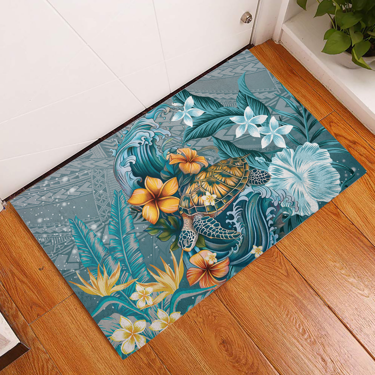 Sea Turtle In The Ocean Rubber Doormat with Polynesian Pattern Arty Style LT9 Blue - Polynesian Pride