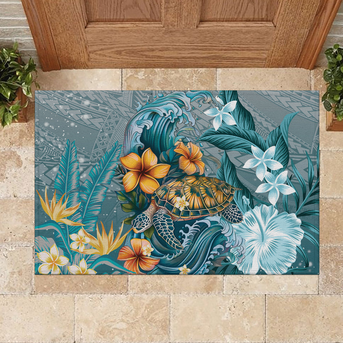Sea Turtle In The Ocean Rubber Doormat with Polynesian Pattern Arty Style LT9 - Polynesian Pride