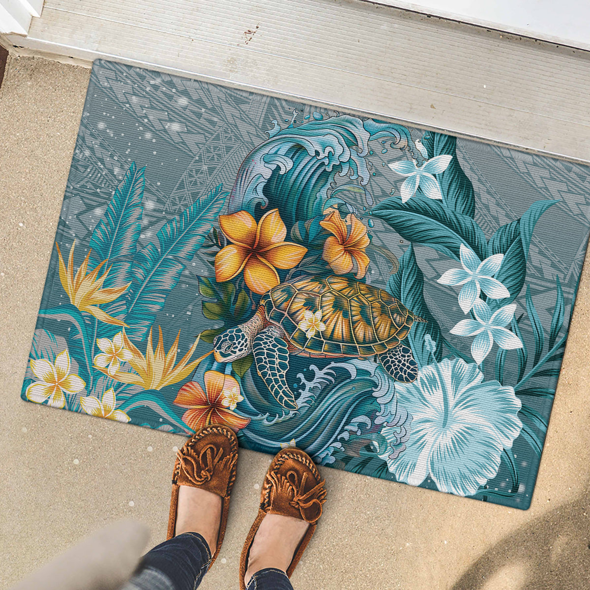 Sea Turtle In The Ocean Rubber Doormat with Polynesian Pattern Arty Style LT9 - Polynesian Pride