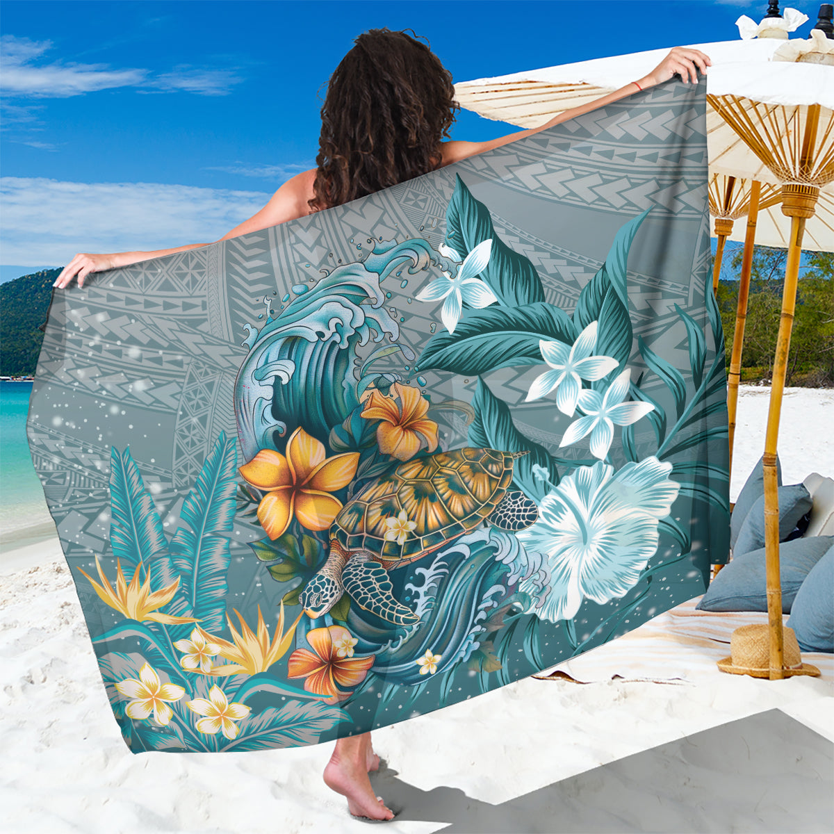 Sea Turtle In The Ocean Sarong with Polynesian Pattern Arty Style LT9 One Size 44 x 66 inches Blue - Polynesian Pride