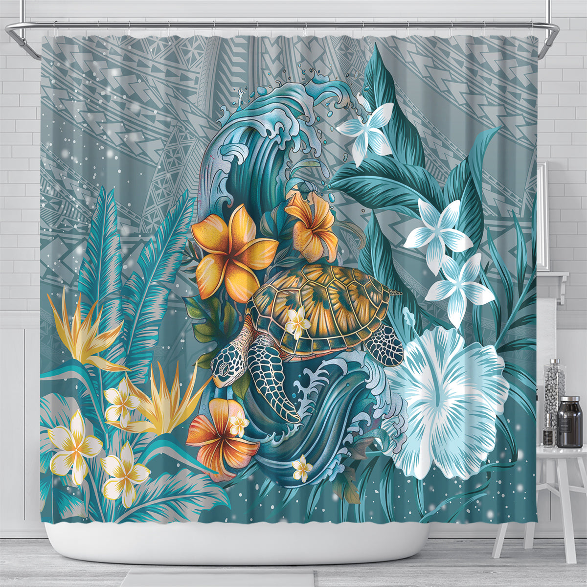 Sea Turtle In The Ocean Shower Curtain with Polynesian Pattern Arty Style LT9 - Polynesian Pride