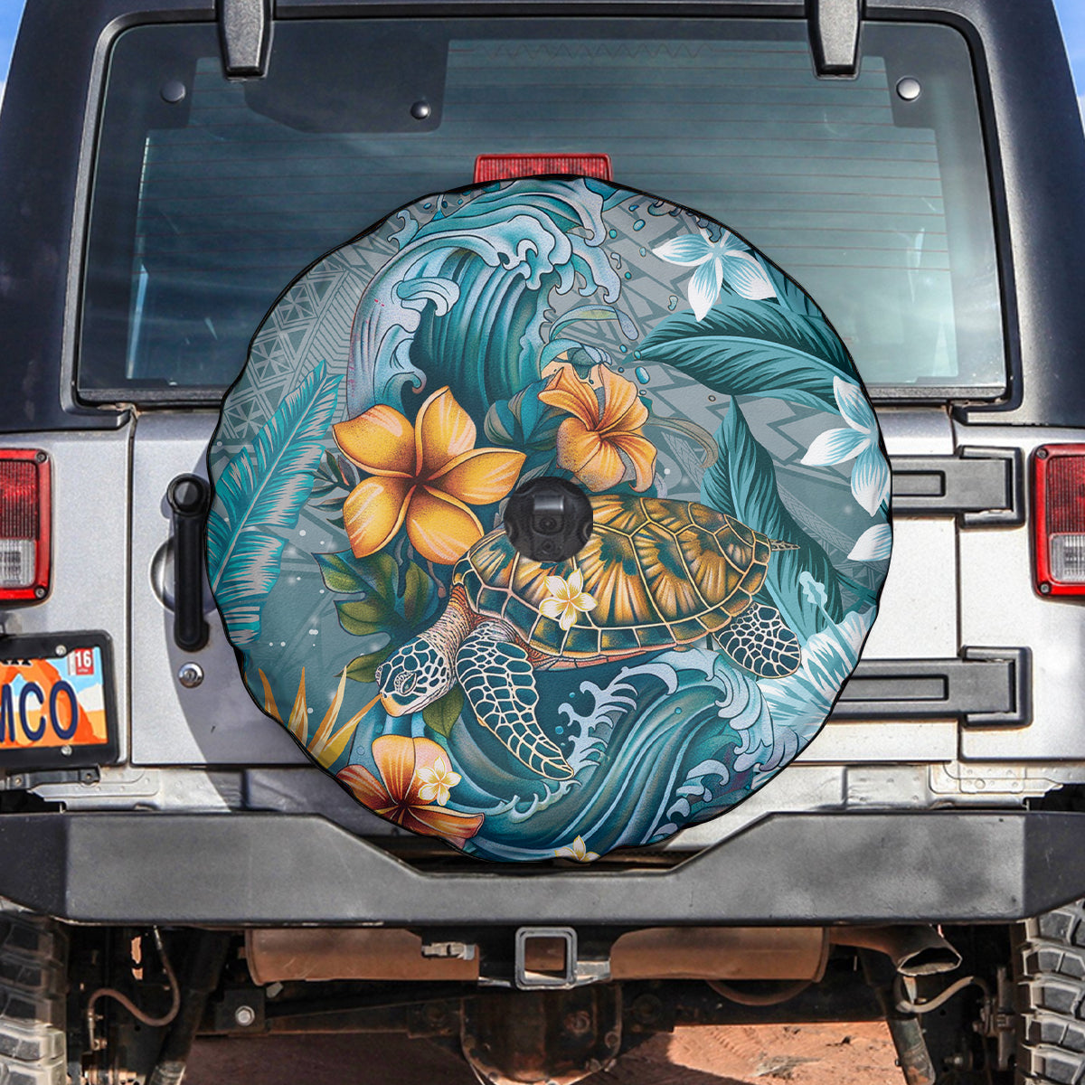 Sea Turtle In The Ocean Spare Tire Cover with Polynesian Pattern Arty Style LT9 Blue - Polynesian Pride