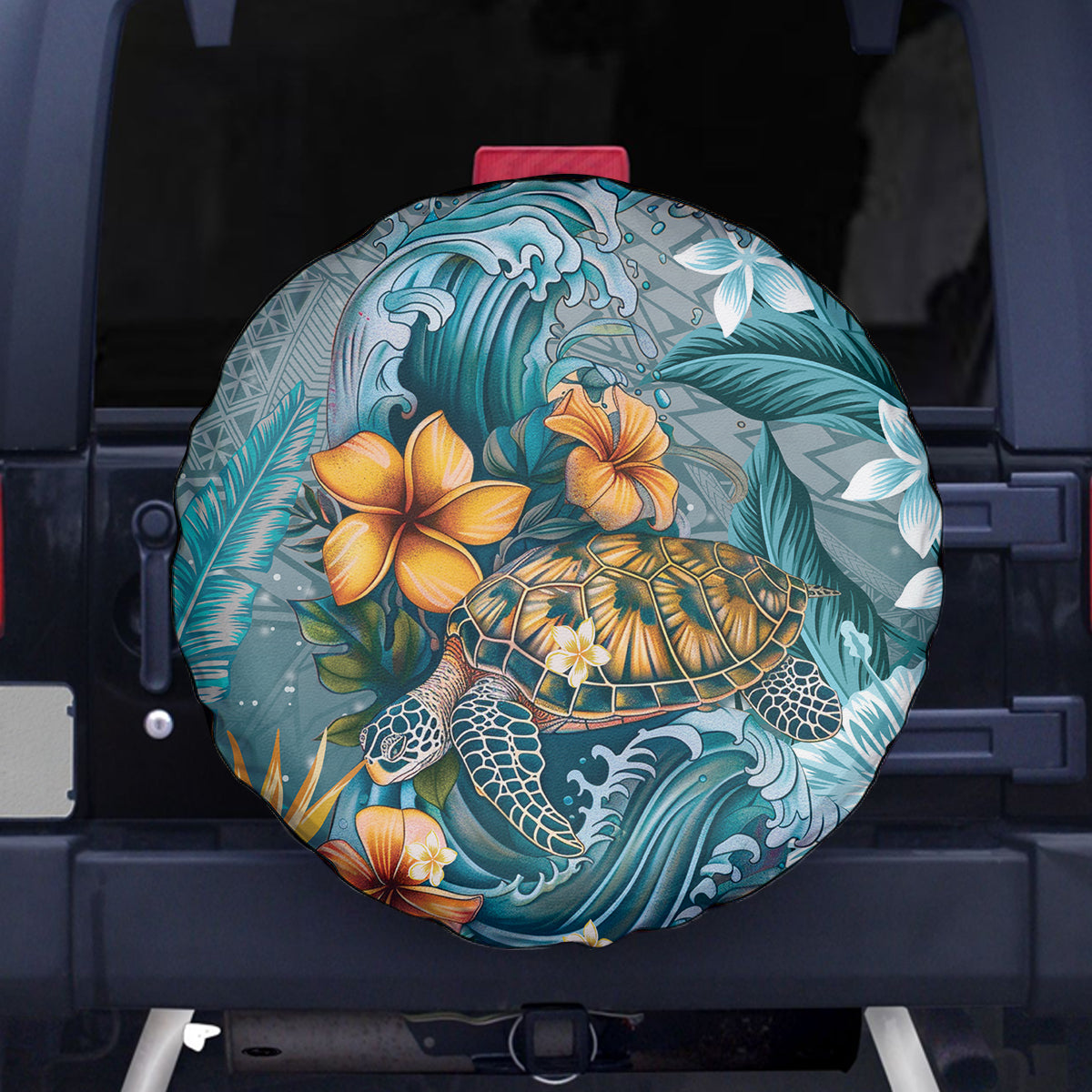 Sea Turtle In The Ocean Spare Tire Cover with Polynesian Pattern Arty Style LT9 - Polynesian Pride