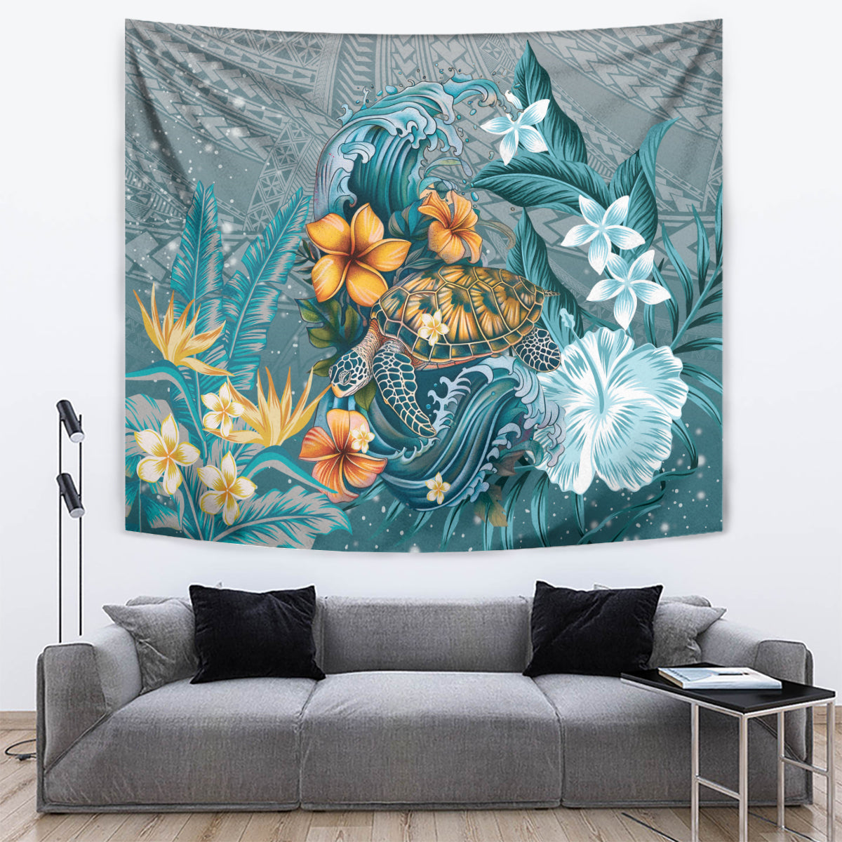 Sea Turtle In The Ocean Tapestry with Polynesian Pattern Arty Style LT9 Blue - Polynesian Pride
