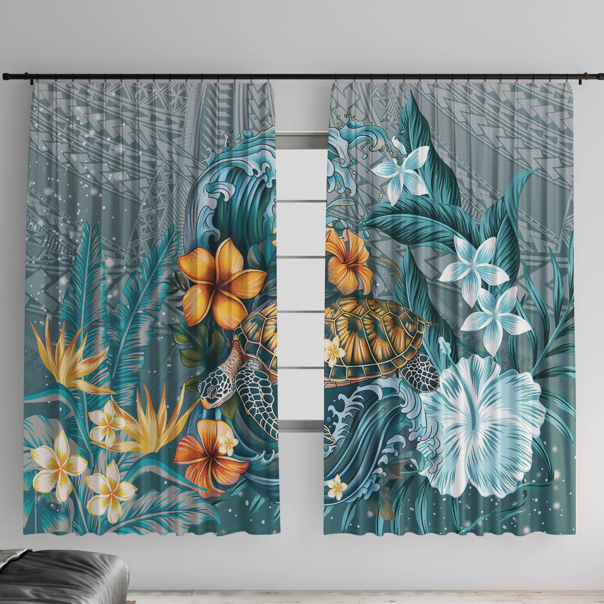 Sea Turtle In The Ocean Window Curtain with Polynesian Pattern Arty Style LT9 With Hooks Blue - Polynesian Pride