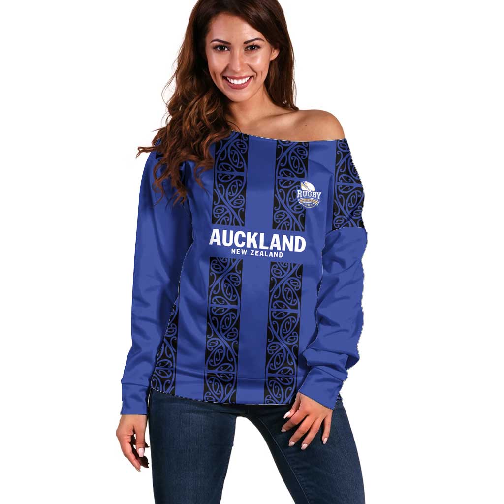 Custom Oceania Football NZ Auckland Off Shoulder Sweater Maori Tribal Pattern LT9 Women Blue - Polynesian Pride