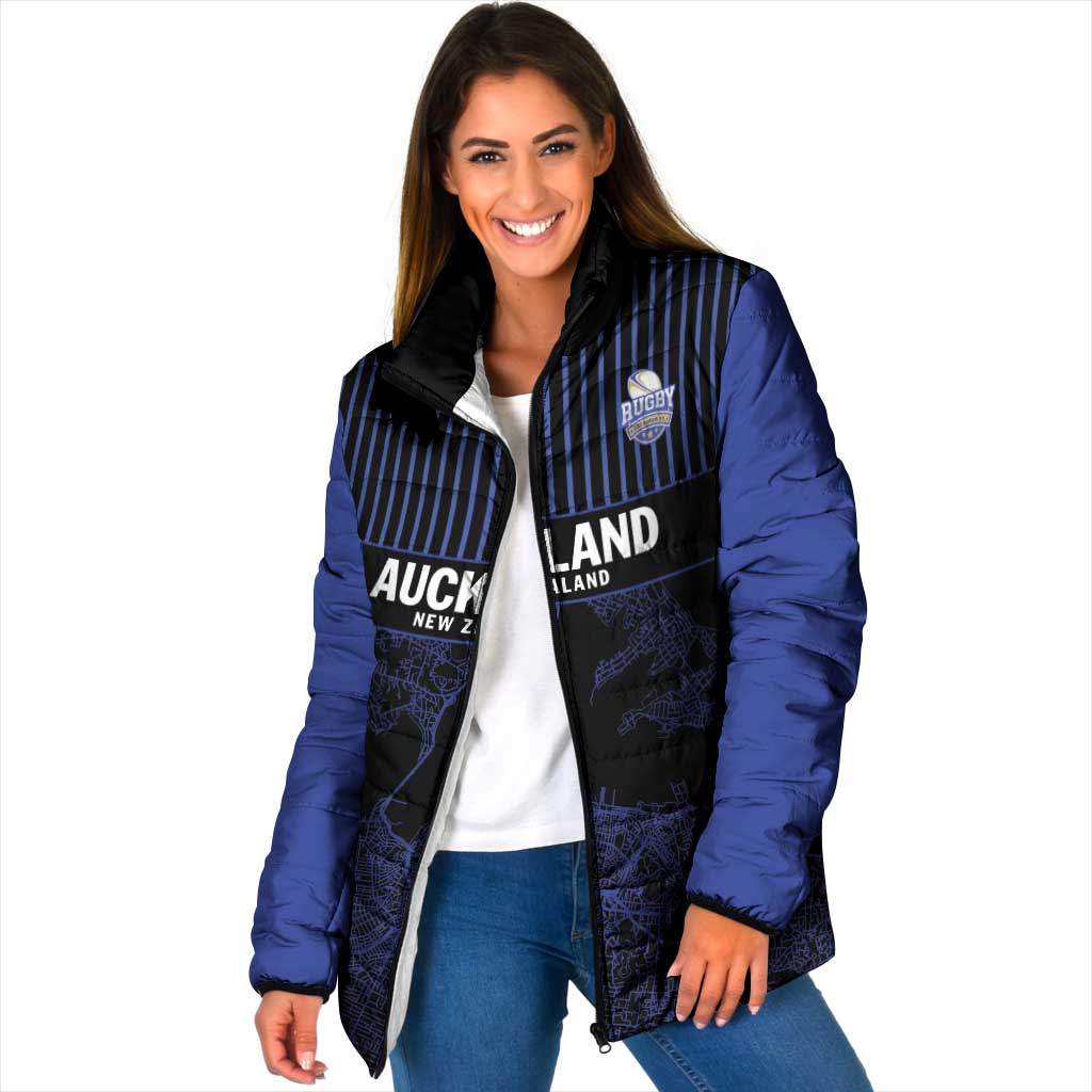 Custom Oceania Football NZ Auckland Padded Jacket Minimal City Map Style LT9 Women Blue - Polynesian Pride
