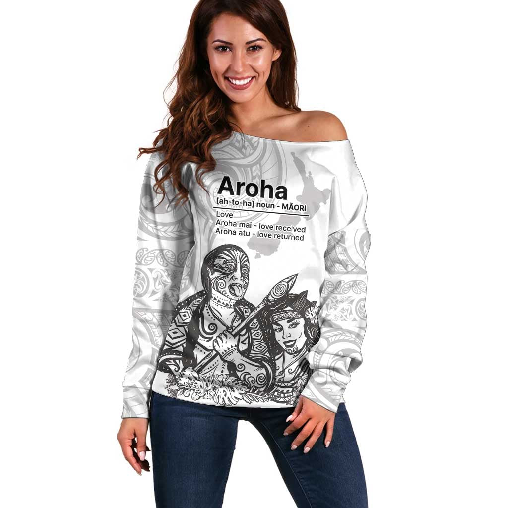 Aroha Maori Language Off Shoulder Sweater Te Reo Maori Inspired Art LT9 Women white - Polynesian Pride