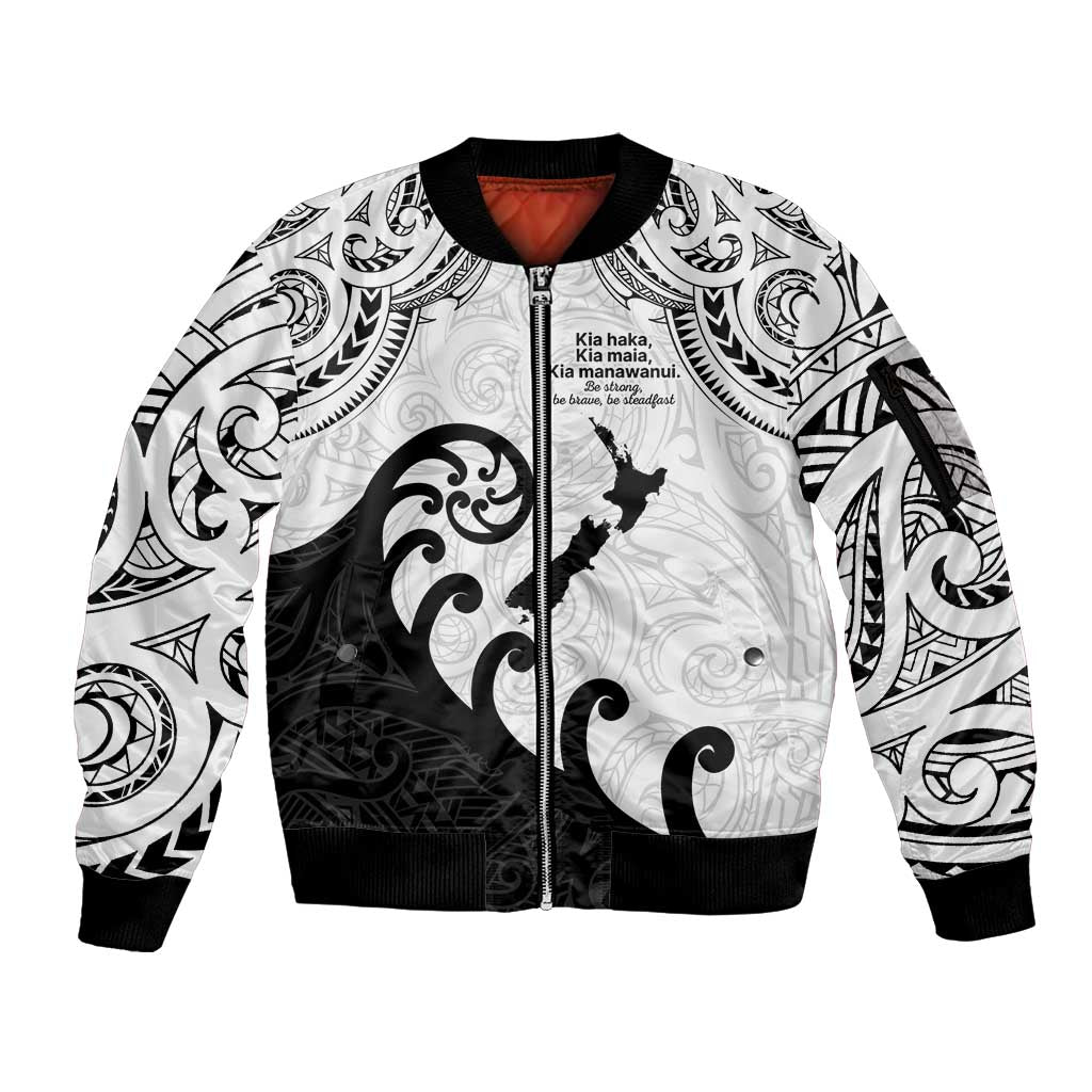 Kia Haka Maori language Sleeve Zip Bomber Jacket Te Reo Maori Inspired Art LT9 Unisex white - Polynesian Pride