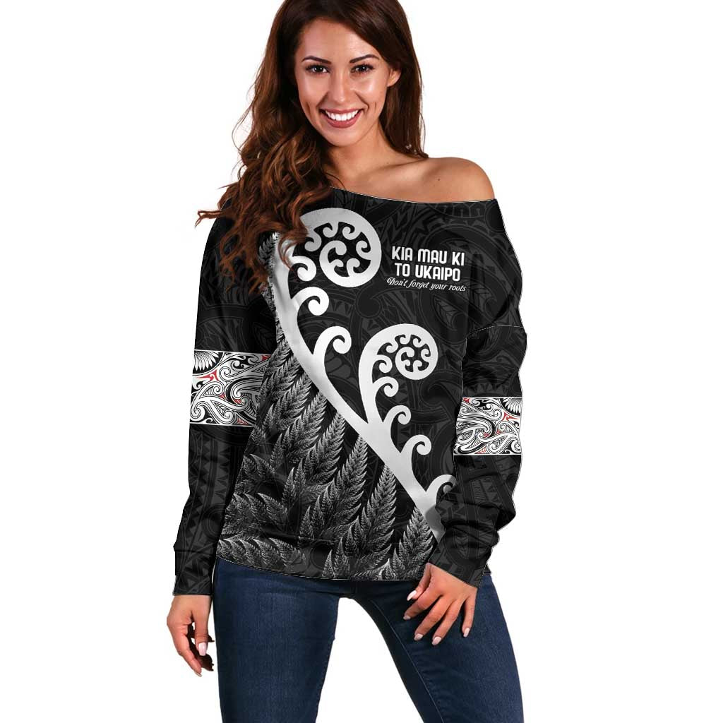 Kia Mau Ki To Ukaipo Off Shoulder Sweater Te Reo Maori Koru Fern Art LT9 Women Black - Polynesian Pride