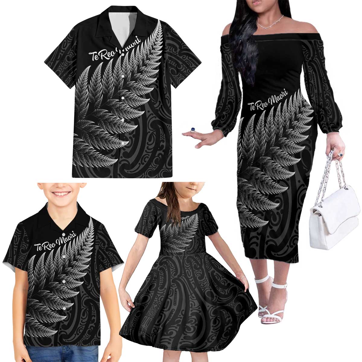 New Zealand Te Reo Māori Family Matching Off The Shoulder Long Sleeve Dress and Hawaiian Shirt Simple Black Fern