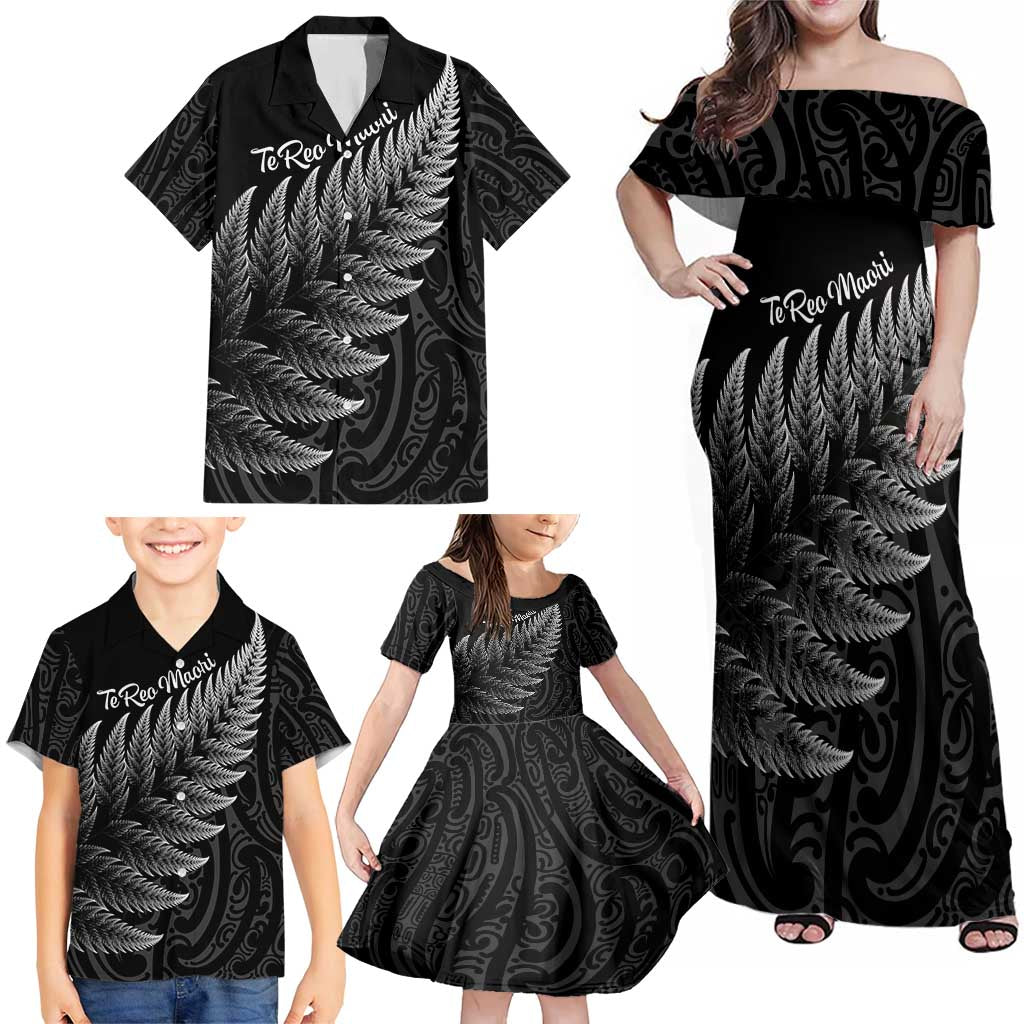 New Zealand Te Reo Māori Family Matching Off Shoulder Maxi Dress and Hawaiian Shirt Simple Black Fern