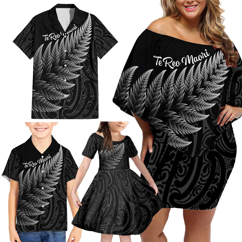 New Zealand Te Reo Māori Family Matching Off Shoulder Short Dress and Hawaiian Shirt Simple Black Fern