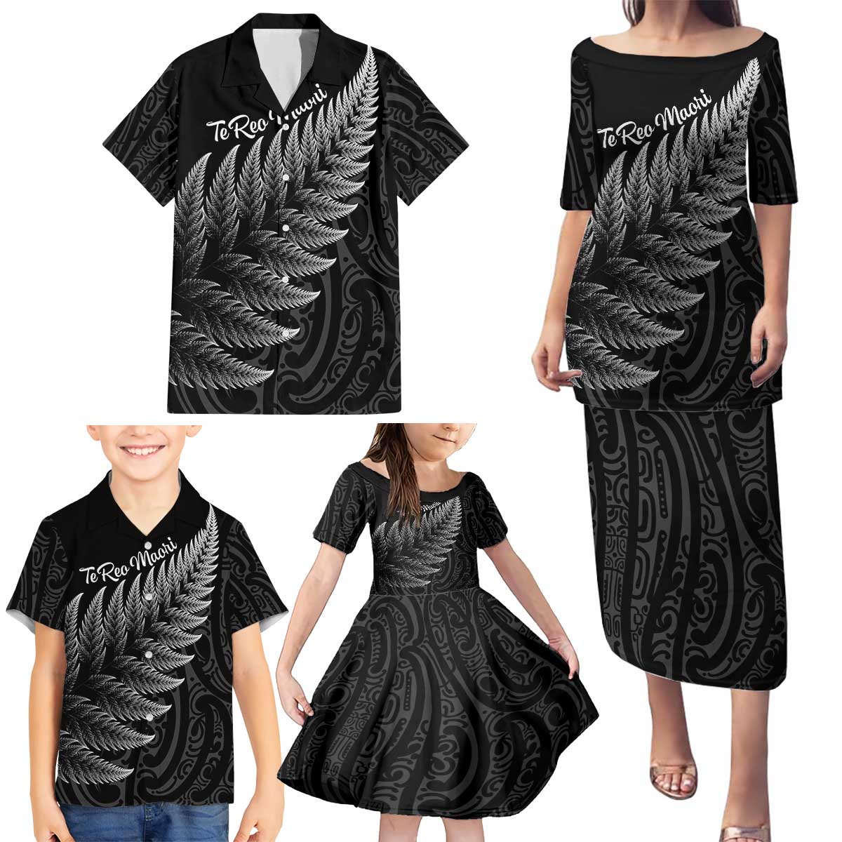 New Zealand Te Reo Māori Family Matching Puletasi and Hawaiian Shirt Simple Black Fern