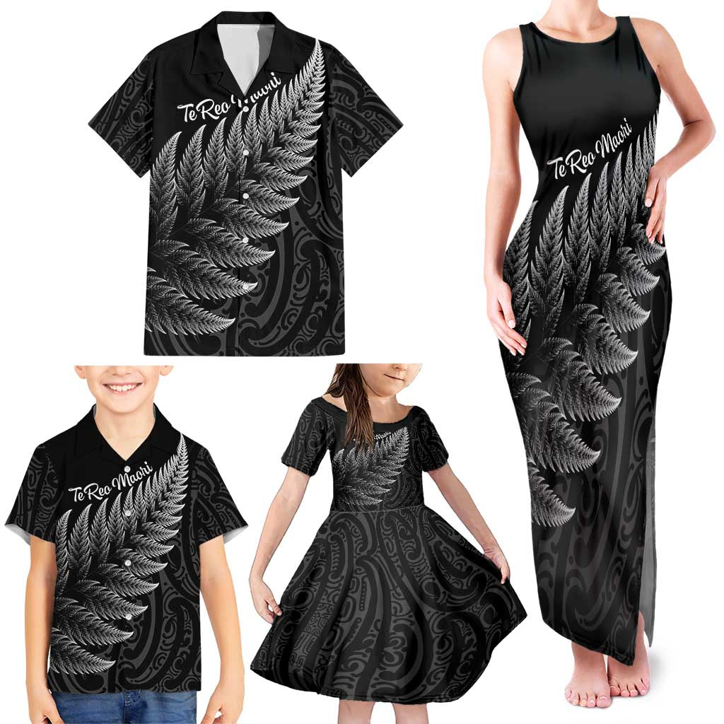 New Zealand Te Reo Māori Family Matching Tank Maxi Dress and Hawaiian Shirt Simple Black Fern