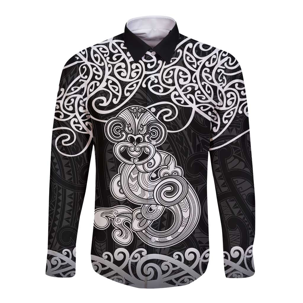 Te Reo Maori Tiki Inspired Art Long Sleeve Button Shirt LT9 Unisex Black - Polynesian Pride