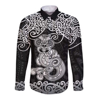 Te Reo Maori Tiki Inspired Art Long Sleeve Button Shirt LT9 Unisex Black - Polynesian Pride